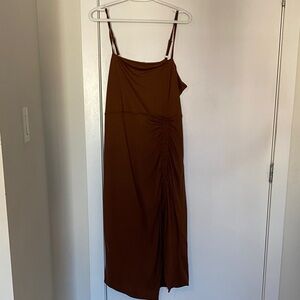 Bluenotes Brown Midi Slip Dress with Ruched Side and Spaghetti Straps